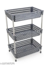 Grey 3-layer plastic & stainless steel kitchen trolley with fruit and vegetable baskets, onion potato rack, adjustable for bathroom, laundry room, or bedroom storage